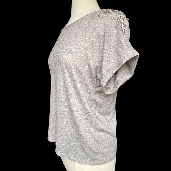 Anthropologie Sunday In Brooklyn Tee Top Sz S Gray Crystal Embellished Shoulder - Picture 5 of 9